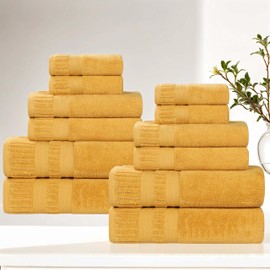 Superior Venice Zero Twist Cotton Medium Weight Towels, for Guest Bath, Bathroom, Shower, Spa, Plush Towels, Bath Essentials, Ribbed Textured Border, 12 Piece Assorted Towel Set, Gold