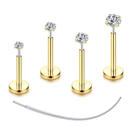 Flat Back Earrings Stud G23 Titanium Threadless Piercing Kit - Cartilage Earrings for Women Men - Hypoallergenic Tragus|Conch|Rook|Daith|Medusa|Lip|Labret|Nose Piercings Jewelry 4PCS Gold 16G