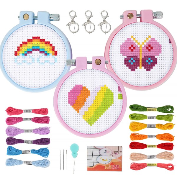 GEBETTER Cross Stitch Beginner Set Kids Embroidery Kits Adult Pre-Printed Embroidery Contains 3 Cross Stitch Patterns and 3 Embroidery Hoop Ring for DIY Arts Crafts Sewing