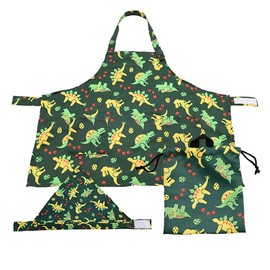Yaksell 50517 Apron with Storage Bag for Kids, 3-Piece Set, Height 35.4 - 47.2 inches (90 - 120 cm), Triangle Width & Drawstring for Cooking Practice, M, Kyoryu, Green