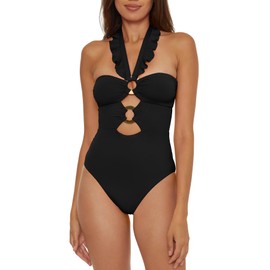 Soluna Swim Buckle Up - Women's One Piece Bandeau Swimsuit with Cut Out Neckline, Gold Rings and Removable Cups, Bathing Suits for Women, Black, Small