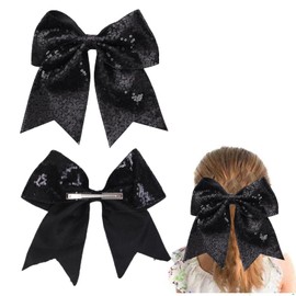 2 Packs Jumbo Black Cheerleading Bow 8 Inch Large Cheer Hair Bows with Alligator Clips for Teen Girls Softball Outfit Uniform (Sequin Black)