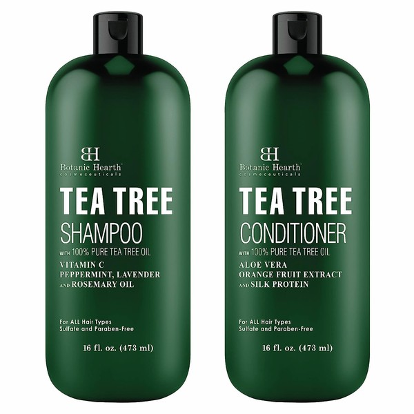 Botanic Hearth Shampoo and Conditioner Set - with 100% Pure Tea Tree Oil, for Itchy and Dry Scalp, Sulfate/Paraben Free - for Men and Women - 16 fl oz each
