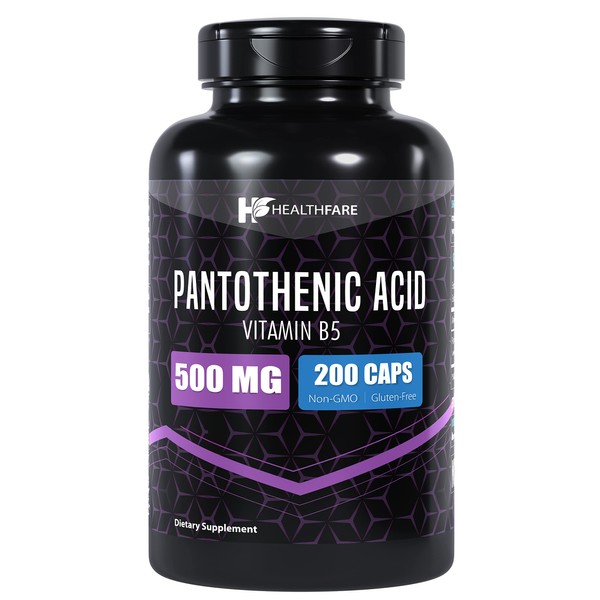 Healthfare Pantothenic Acid (Vitamin B5) 500mg | 200 Capsules | Supports Energy Levels, Skin & Hair Health | Non-GMO | Made in The USA