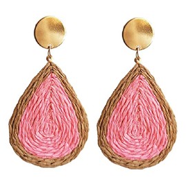 Bohemian Woven Straw Wicker Raffia Rattan Dangle Earrings Geometric Circle Round Statement Drop Earrings for Women Summer Beach Boho Jewelry (teardrop pink)