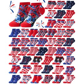 Shinymoon 48 Pairs 4th of July Socks Bulk Patriotic Gifts for Women Men American Flag Star Striped Patriotic Cotton Ankle Socks 4th of July Independence Day American Military Veteran Gifts