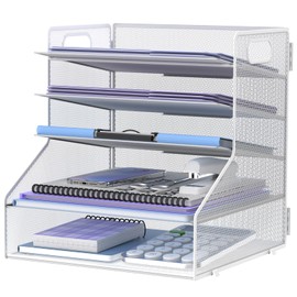 SUPEASY 5-Tier Desk File Organizer, Metal Letter Paper Tray, Desk Organizers and Accessories for Home Office Supplies, White