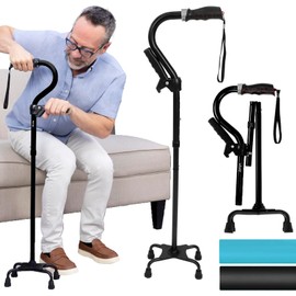 Vive 4 Prong Stand Assist Quad Cane - Walker Canes for Women & Men for Stability - 4 Leg Walking Cane for Seniors Balance - 4 Point Stand up Cane - Heavy Duty Sit to Stand Cane - Adjustable (Black)