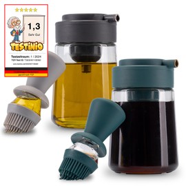 Fino Casa 2er Set, 3in1 Ölflasche mit Pinsel und Ausgießer Ölspender zum dosieren Ölsprüher mit Silikonpinsel Glasflasche 350ml Öl oder Essig Backpinsel (2er Set: 1x Anthrazit & 1x Dunkelgrün)