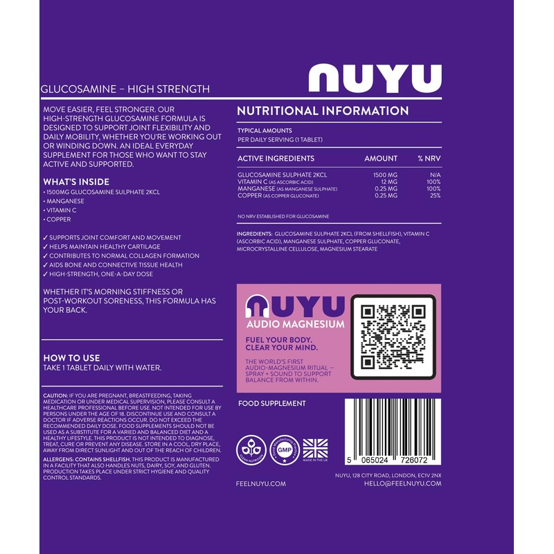 NUYU Glucosamine - High Strength 1,500mg Tablets. Daily Supplement for