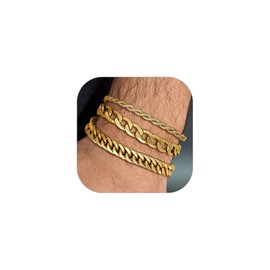 Richsteel Stainless Steel 3 Piece Bracelets Chain for Men Bracelet Women Silver/Gold/Black Cuban Rope Link Chain Set 9 mm and 8 mm Wide Cuban Link Chain & 3 mm Wide Rope, 23 cm, Stainless Steel