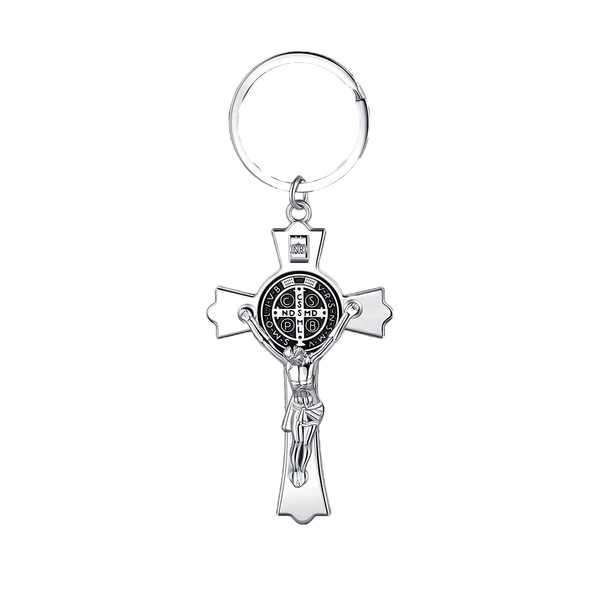JINZHOUFZ - Llavero de cruz de plata antiguo de San Benito, adorno conmemorativo religioso católico, plateado, 4.13x1.57 inches
