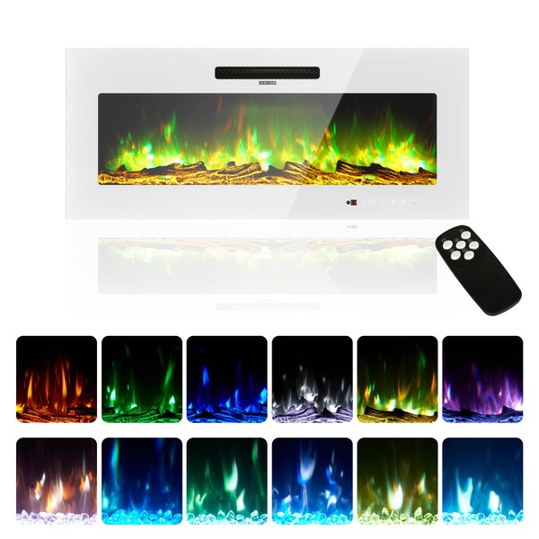 Amerlife 40" Electric Fireplace Wall Mounted, Recessed and Freestanding, Fireplace Heater W/12 Flame Color and Brightness, Touch Screen & Remote Control, Log Set & Crystal Included, White