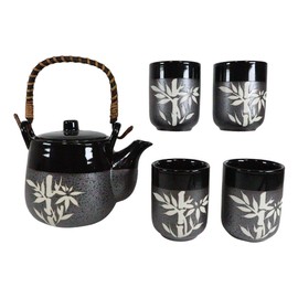 Ebros Black And Charcoal Japanese Lucky Bamboo Porcelain Tea Pot 20oz And Cups Set Serves 4 Guests With Bamboo Wooden Handle And Metal Strainer Home Decor Zen Decorative Teapots Teacups Accent