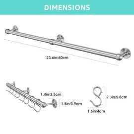 ROTHLEY Stainless Steel Hanging Pot Rack Hanger: 23.7 Inch Pot and Pan Hanger Wall Mounted Hanging Pot Bar Rack Heavy Duty Pot Hangers Kitchen Rail with 8 S Hooks (Brushed)