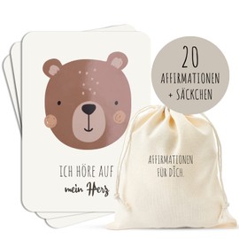 MeinBaby123® 20 Affirmations for Children, Affirmation Cards for Confident Children, Courage Cards with Partial Finishing Including Cotton Bag, Gift for Birth, Christening