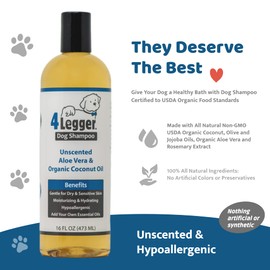 4Legger Organic Dog Shampoo USDA Certified, Hypoallergenic Dog Shampoo, Dog Coconut Shampoo, Gentle Fragrance Free Dog Shampoo with Aloe for Soothing Relief of Dry, Itchy, Sensitive Allergy Skin 16 oz