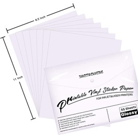 Premium Printable Vinyl Sticker Paper - for Inkjet and Laser Printer - 55 Pack Glossy White Waterproof Inkjet Printable Vinyl - Dries Quickly and Holds Ink Beautifully JANDJPACKAGING