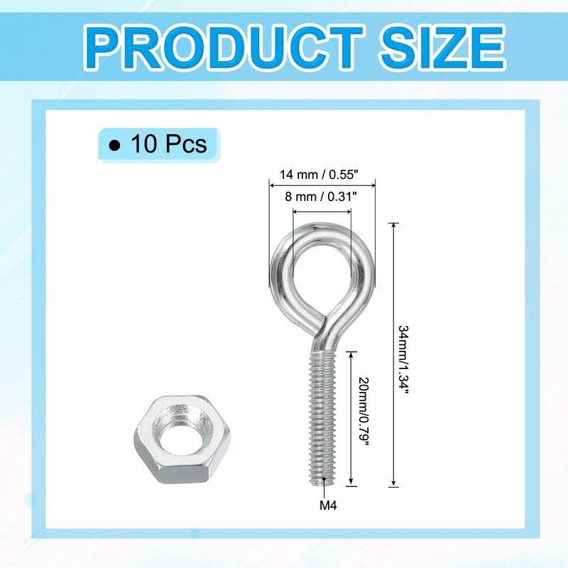 PATIKIL M4x20mm Eye Bolts, 10 Pcs Carbon Steel Threaded Eyebolt
