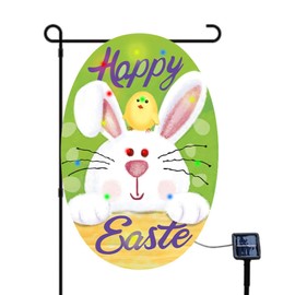 WISHTIME Lighted Happy Easter Garden Flag Solar LED Spring Funny Bunny Garden Flags 12x18 Double Sided for Outdoor Porch Lawn Yard Decorations