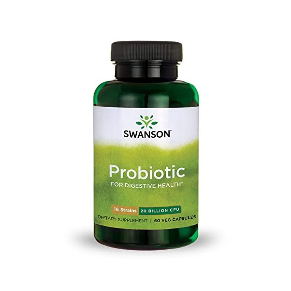 Swanson Probiotic for Digestive Health GI Tract Immune Support Travelers Support 20 Billion CFU with Prebiotic FOS 60 Veggie Capsules (Caps)