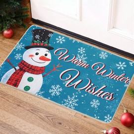 Christmas Snowman Door Mat 17x29 Inch Warm Winter Wishes Blue Front Door Mat Snowflakes Christmas Home Decor Indoor Outdoor Floor Entrance Non Slip Rubber Backing Low-Profile Xmas Holiday Doormat