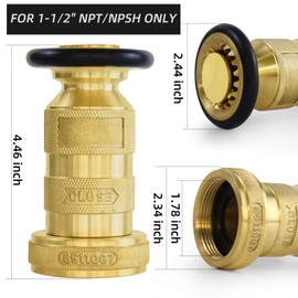 Fire Hose Nozzle 1-1/2" NPSH/NPT Fire Fighter Hose Nozzle 100 psi 75 gpm Brass Fire Equipment Jet Fog Spray Nozzle, Heavy-Duty Industrial Brass Fire Equipment Water Hose Nozzle