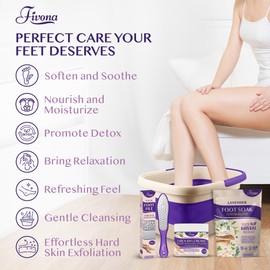 Fivona Foot Care Kit 4 in 1 - Foot Soak Blend with Epsom Salt, Lavender and Essential Oils - Collapsible Foot Soak Basin - 40% Urea Cream for Hard, Dry Skin - Dual Action Foot File