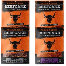 BEEFCAKE Jerky Pork Lover Variety Pack, Beef Jerky Signature Beef Peppered & Asian-Style Pork Teriyaki Mix, 9 Gram of Protein and 100 Calories 2.7 Oz | Pack of 4