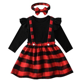 A&J DESIGN Toddler Girl Christmas Outfit Plain Dress Plaid Overall Skirt Set, Red+Black, 18-24 Months