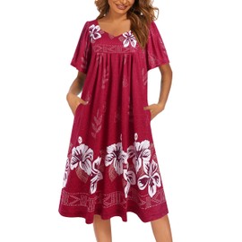 Ekouaer Women's Nightgown Pleated House Dress Short Sleeve Mumu Dress With Pockets