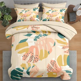 Pamnest Comforter Set King Size, Monstera Palm Leaf Botanical 7 Pcs Bedding for Kids and Adults, Spring Summer Green Bed Sheet Sets with Fitted Sheet 2 Pillowcase & 2 Sham for Bedroom Bed Decor