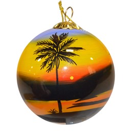 Hand Painted Glass Christmas Ornament - Sunset Palm w/Sea Gulls Cayman Islands