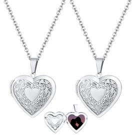 Weenkeey 2 Pcs Love Heart Locket Necklace that Holds Pictures Stainless Steel Heart Shaped Locket Pendant Necklace Memory Photo Pendant Necklace for Women Girls - Style 1 Silver