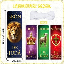 MOIZYNG 4Pcs Spanish Church Banners for Sanctuary Wall, Worship Religious Hanging Backdrop Christian Lion Crown Lamb Cross Banner, Christ Jesus Porch Signs for Church Sunday School Decorations