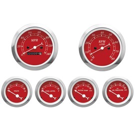 MOTOR METER RACING Classic 6 Gauge Set with Mechanical Speedometer Analog Odometer Red Dial White Needle Light Bulb Illumination 85mm 3-3/8" & 52mm 2-1/16"
