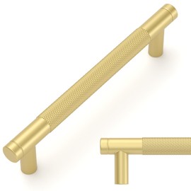 Amerdeco Pack of 5 Matte Gold Knurled Cabinet Handles 128 mm Hole Spacing, Aluminium Handles for Kitchen Cabinets & Furniture Handles for Drawers