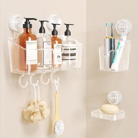 Shower Caddy Suction Cup 3 Packs Clear White - Shower Shelf+Soap Dish+Toothbrush Holder - 1 Second Installation NO-Drilling Removable Powerful Waterproof Shower Organizer for inside Shower Bathroom