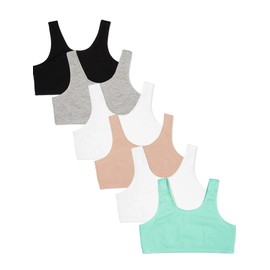 Fruit of the Loom Girls' 6-Pack Cotton Built-up Stretch Sports Bra, White/Black/Mint/Black/White/Grey, 32