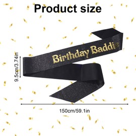 Birthday Baddie Sash, Soft Glitter Sash with Safety Pin for Women Men Party Decoration Accessories (Black & Gold)