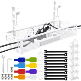 Under Desk Cable Management Tray, SONATURE Cord Organizer with Clamp Mount, No Drill, Carbon Steel, Cable Management Box, Wire Management, Cable Organizer for Home Office - No Damage to Desk, White