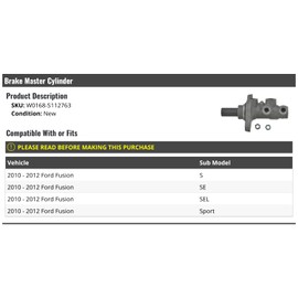 Brake Master Cylinder - Compatible with 2010-2012 Ford Fusion