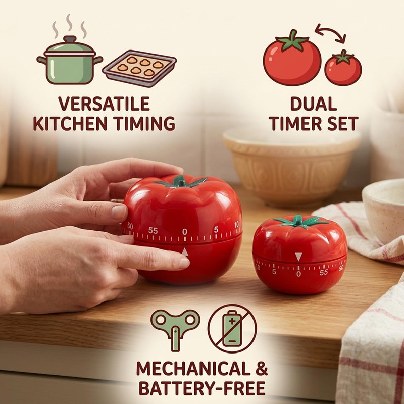 2Pcs Kitchen Timer 60 Minutes Timer, Tomato Timer, Mechanical Kitchen