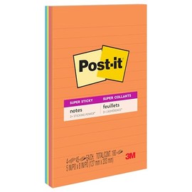 Post-it - Notas súper adhesivas, 5 x 8 pulgadas, 2 almohadillas para orejas, 2 unidades The Sticking Power, colección Rio de Janerio, colores brillantes (naranja, rosa, azul, verde), reciclables (5845