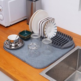 17"x17" Dish Drying Mat with Collapsible Rack for Kitchen Counter - Drying Pad for Plates, Bowls & Utensils - Sink Drying Rack, Plate Rack & Dish Mat，16 compartments