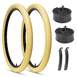 2-Pack Cruiser Bike Tires Set: Hycline 26x2.125 Inch (57-559 mm) Folding Replacement Bicycle Tires and Pair 26-inch Inner Tubes with Tire Levers for Beach or Urban City Commuter Bike-Cream
