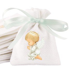 BETESSIN Pack of 24 Jute Bags with Drawstring Jute Bag White Linen Bags with Guardian Angel Motif Gift Bags 8 x 10 cm Gift Packaging for Christening Baby Shower Wedding Communion Confirmation etc.