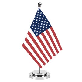 USA Miniature Desk Flag Set,8x5 Inch American US Small Flag With 12 Inch Bright Silver Flagpole, Deluxe Decorations For House Office Meeting Table