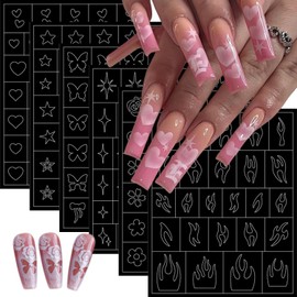 6 Sheets Airbrush Stencils 3D Hollow Butterfly Nail Decals Flame Heart Four Pointed Star for French Nail Design Manicure Decoration DIY Tools