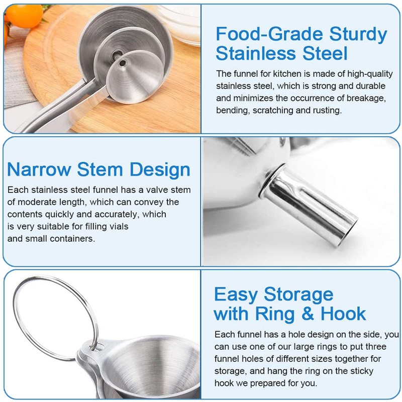 3 Piece Stainless Steel Funnel, Mini Stainless Steel Funnels, Multi-use